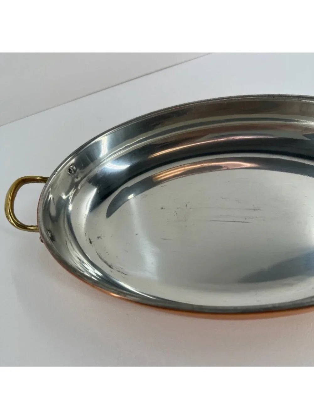Copral Vintage Copper Oval Gratin Pan Brass Handles Tin Lined Fish Skillet 10